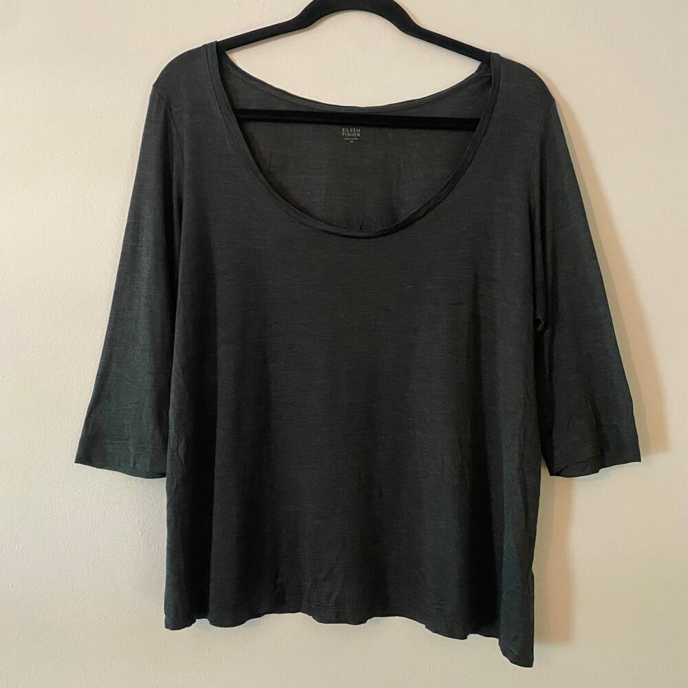 Eileen Fisher Charcoal Gray Scoop Neck 3/4 Sleeve Lightweight Shirt size Medium